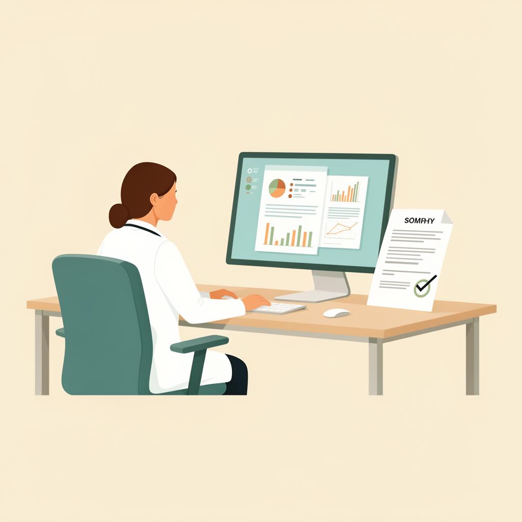 Ilustração de médica analisando laudo digital do teste respiratório