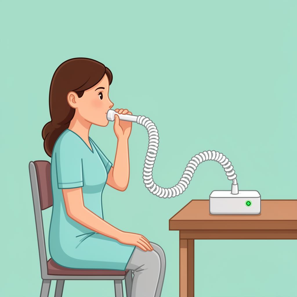 Ilustração de paciente soprando no aparelho do teste respiratório