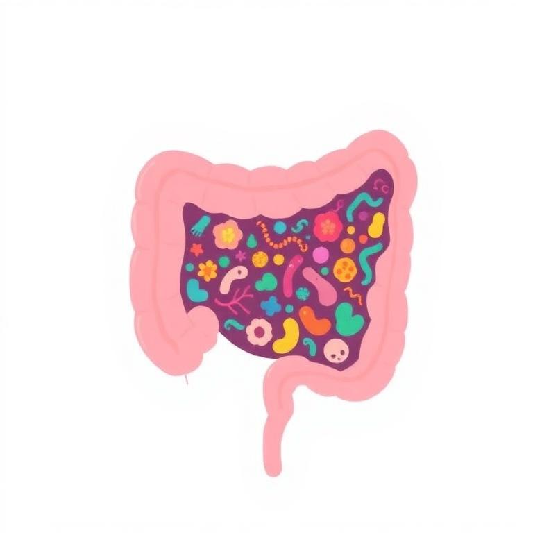 Ilustração do intestino com microbiota e bactérias
