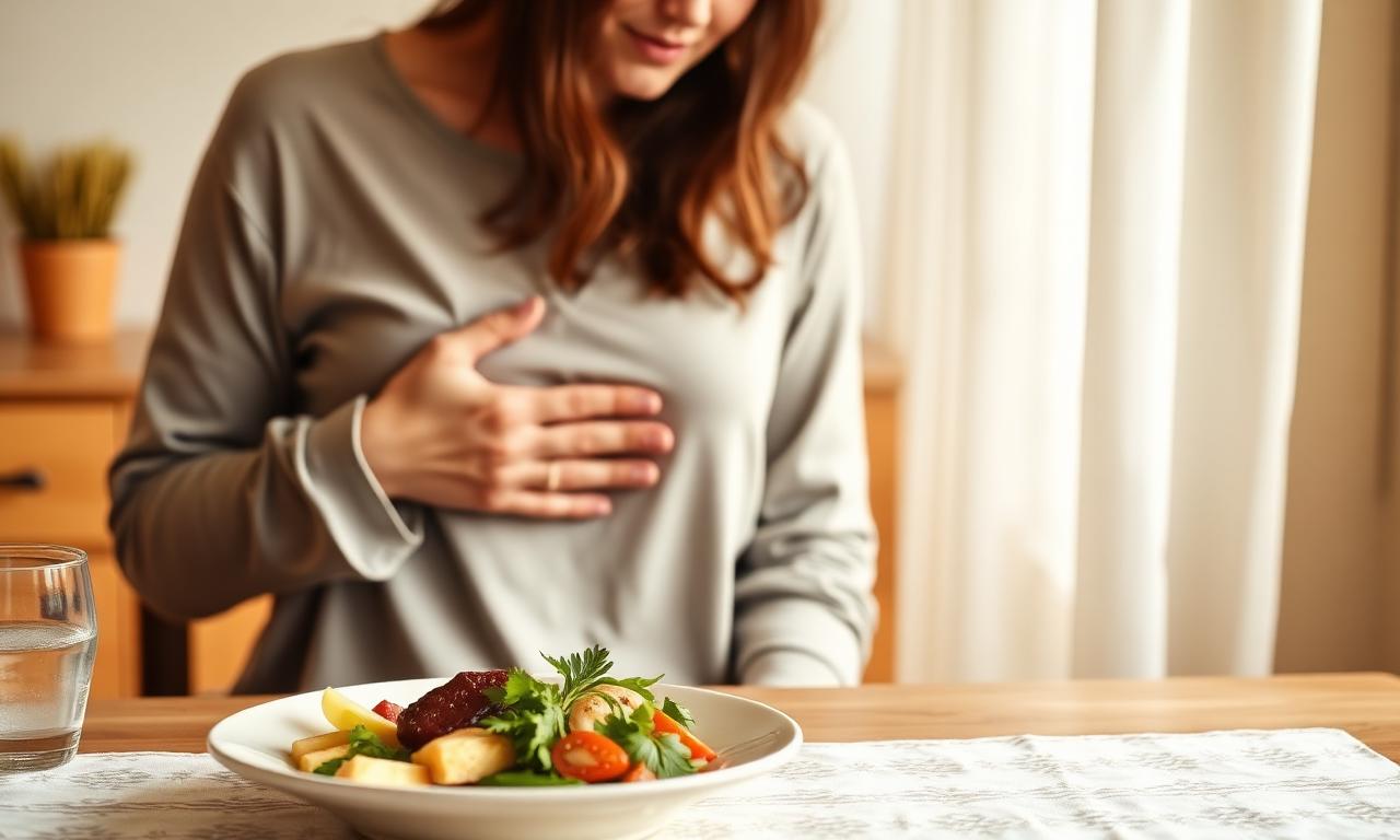 Mulher à mesa sentindo a barriga inchada após uma refeição