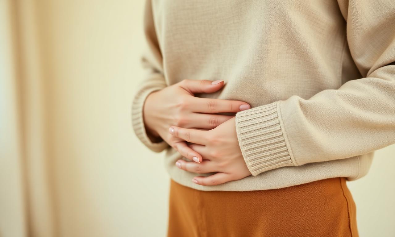 Mulher com as mãos sobre o abdômen sentindo estufamento