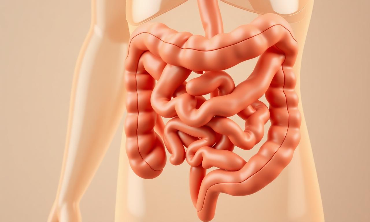 Ilustração 3D do sistema digestivo humano destacando o intestino delgado