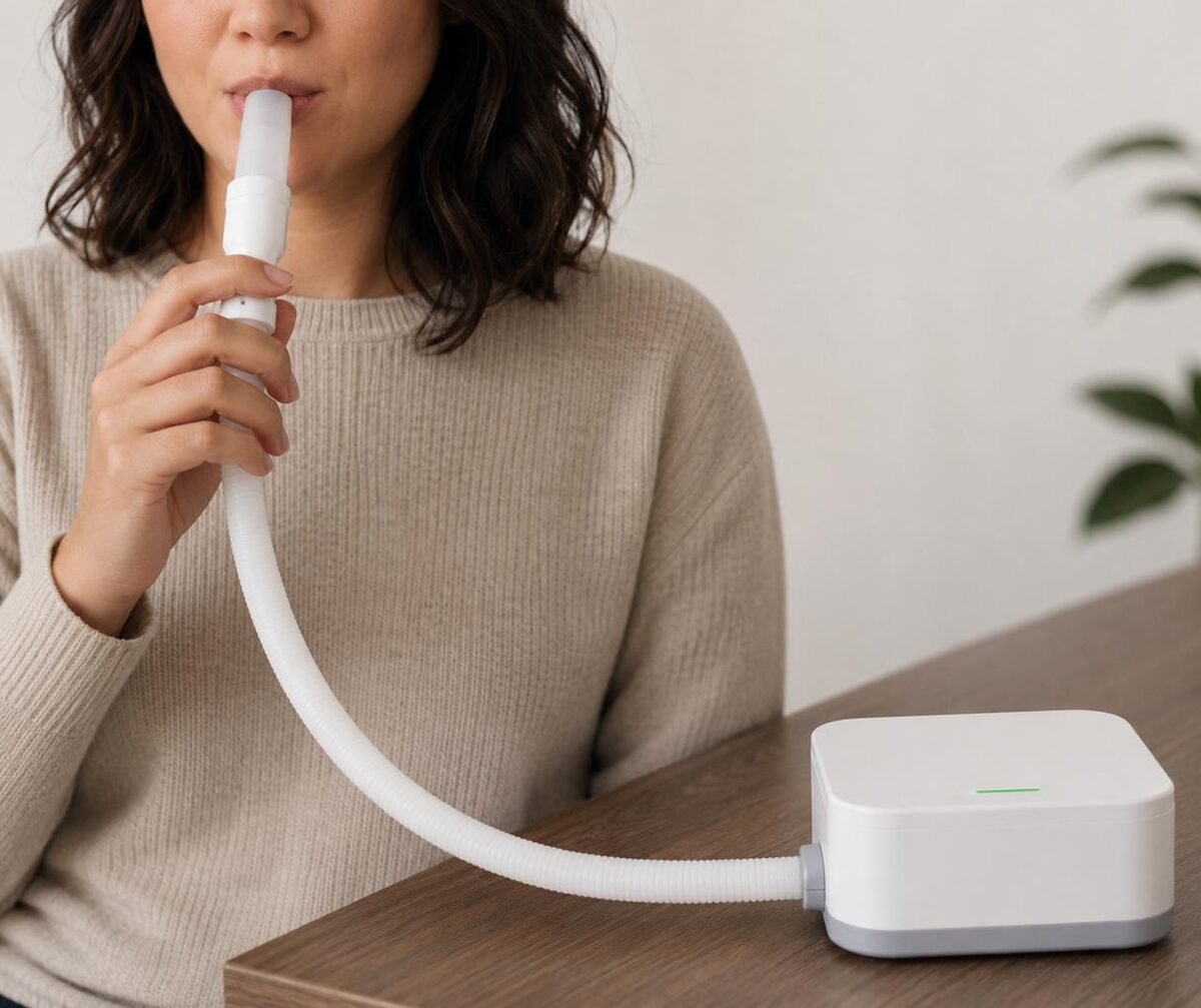 Paciente realizando teste respiratório de hidrogênio e metano em clínica